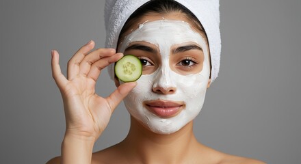 Peek of Playfulness: Portrait of Young Woman with Cucumber Midair and Masked Glow