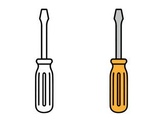 Vector illustration featuring two flat head screwdrivers: a colored version with an orange handle and a black line outline version. Simple repair or handyman icon for apps, web, or education.