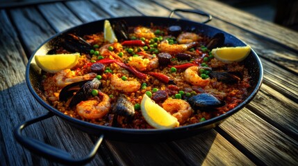 Traditional Paella in Carbon Steel Pan with Saffron Rice, Chorizo, Shrimp, Mussels, Peas, Roasted Peppers, Lemon for Restaurant Menu, Food Blog, Cookbook, Social Media, Culinary Event