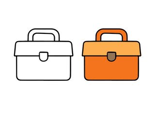 Vector illustration featuring two toolboxes: a colored orange version and a black line outline version. Simple repair or construction icon for apps, education, or web design.