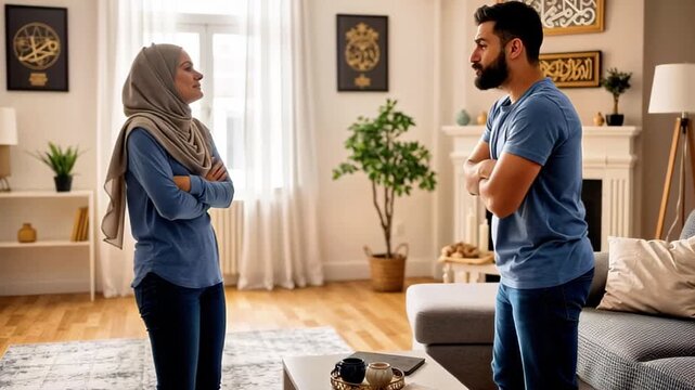 Engaged muslim couple in a living room expressing emotions during a conversation, showcasing the dynamic flow of their interaction and connection