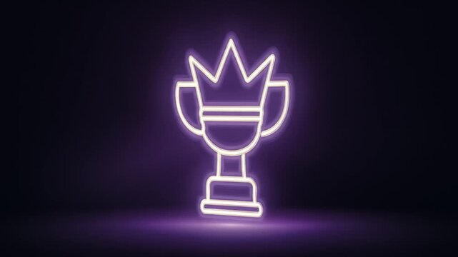 Neon trophy symbol glowing against dark background for achievement