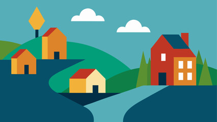 Houses on hills with trees and clouds art
