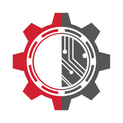 Red and Gray Gear with Circuit Board Design on White Background wheel technology