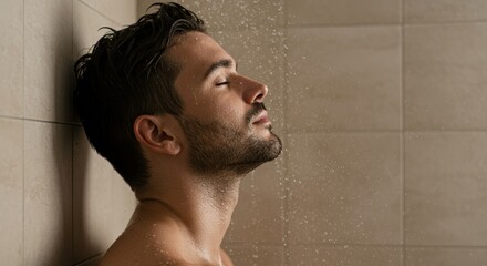 Calm Introspection: Serene Man Experiences Modern Shower in Peaceful, Earthy Light