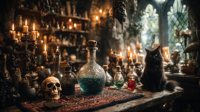 Witchcraft scene with potions, candles, and a black cat in a spooky Halloween setting
