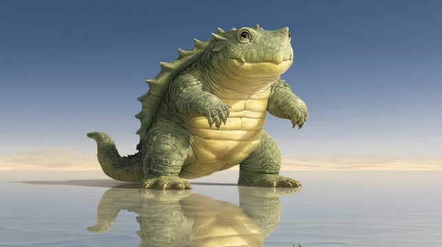 Cartoonish creature with scales and a spiky back standing in water