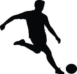 Soccer player kicking ball, dynamic sports action, football silhouette pose, athletic movement, black figure, competitive energy, flat vector illustration