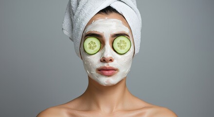 Relaxed Radiance: Creamy Masked Young Woman with Centered Cucumbers, Wrapped in Freshness