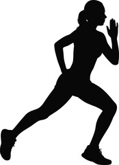 Running woman silhouette, athletic female figure, ponytail motion pose, fitness activity icon, black vector shape, flat vector illustration
