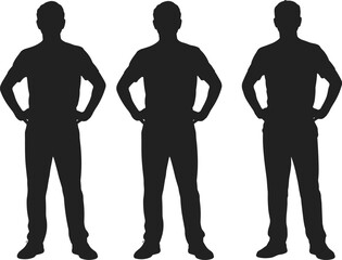 Standing posture silhouette, hands on hips pose, human figure icon, black body shape, vector illustration, fitness stance, flat vector illustration