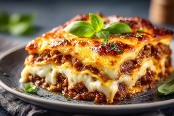 Hearty, steaming slice of homemade lasagna, fresh from the oven, is served on a white plate. It is beautifully topped with a fresh basil leaf.