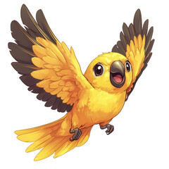 Cheerful yellow parrot soaring through the air isolated on transparent background, its wings spread wide in joyous flight, a delightful representation of avian freedom