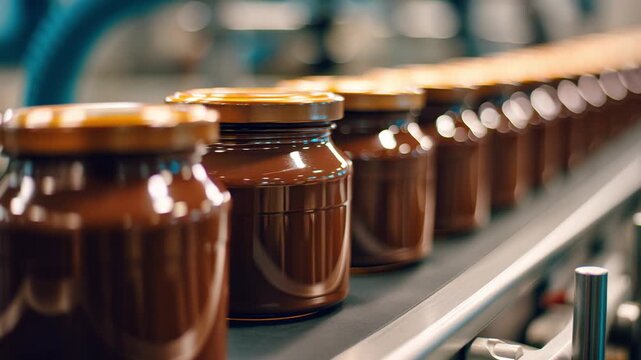 Chocolate Spread Jars on a Factory Conveyor Belt	