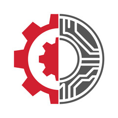 Red Gear and Circuit Board Half Circle Logo on White Background mechanical technology