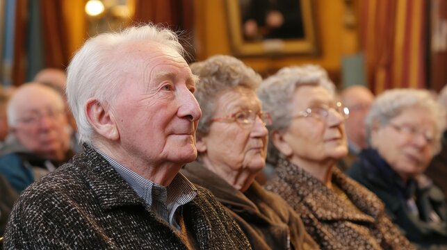 Senior adults attentively listen during an event inside. Use for elderly care, community events, or senior groups.
