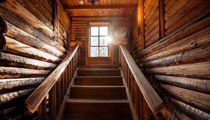 Fototapeta premium sunlight streams into a rustic log cabin hallway with wooden stairs