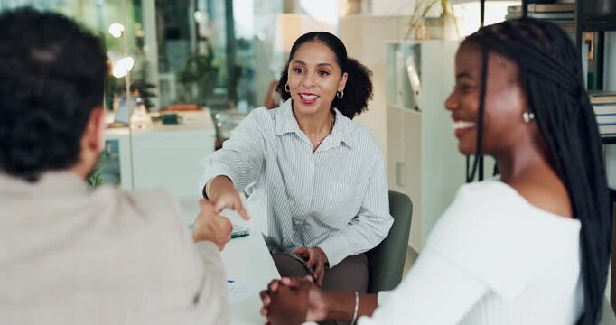 Handshake, success and tablet with business woman in meeting for congratulations, deal and support. Shaking hands, partnership and presentation closer with people on agency for chart and thank you