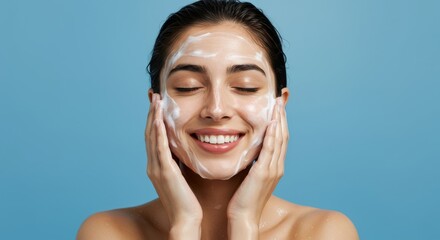 Peaceful Glow: Woman Massaging Creamy Foam Onto Dewy Skin, Tranquil Photorealistic Style