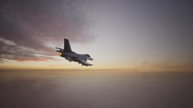 A Fighter Jet Flying Low Over Calm Water At Sunset