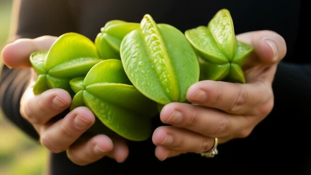 Fresh Green Star Fruits Held in Hands with Water Droplets, Close-Up Macro Shot