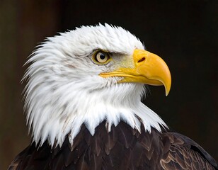 Obraz premium Close-up of a bald eagle's head, showcasing its white feathers, yellow beak, and intense gaze.
