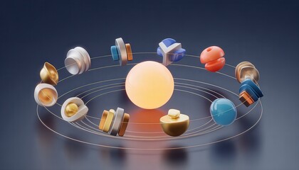 Abstract solar system with colorful geometric shapes orbiting a central glowing sphere on dark background