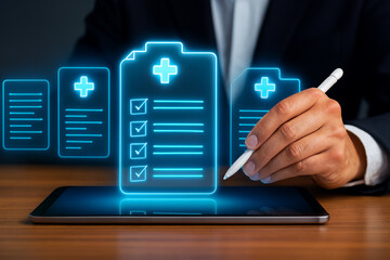 Futuristic digital healthcare records management with holographic checklist interface on tablet using stylus for secure medical documentation efficiency