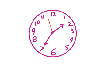 A handdrawn pink clock face showing the time as approximately 138, isolated on a transparent background, with bold purple numbers and simple clock hands, perfect for educational or conceptual use