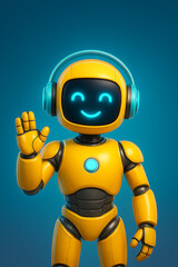 Cute yellow robot with a happy screen face wearing headphones waves its hand in a friendly gesture against a vibrant blue background, ready to assist with audio or communication