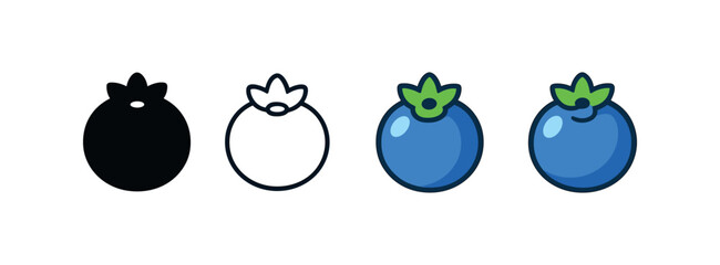 Vector icon blueberry four styles black solid glyph outline minimal flat multicolor filled cartoon flat shaded.