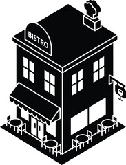 Obraz premium Isometric illustration of a charming black and white bistro building
