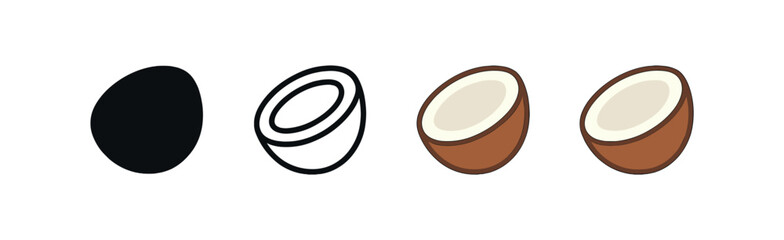 Vector icon coconut half four styles black solid glyph outline minimal flat multicolor filled cartoon flat shaded.