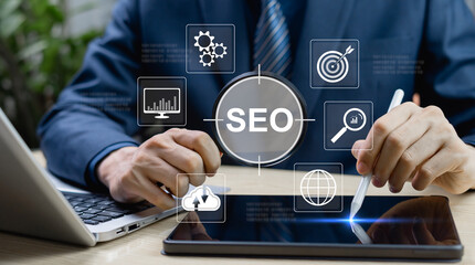 SEO and online presence concept showing worker analyzing marketing strategy, optimization, and...