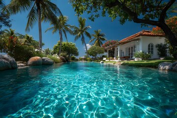 Fototapeta premium Luxurious tropical villa has a pristine blue swimming pool in the foreground. It's surrounded by a lush green lawn and swaying palm trees in the sun.