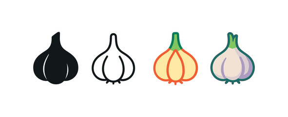 Vector icon garlic bulb four styles black solid glyph outline minimal flat multicolor filled cartoon flat shaded.