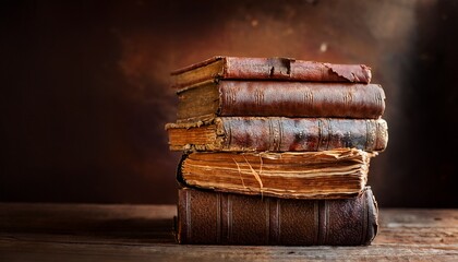 old leather bound book stack with torn pages and worn covers distressed books