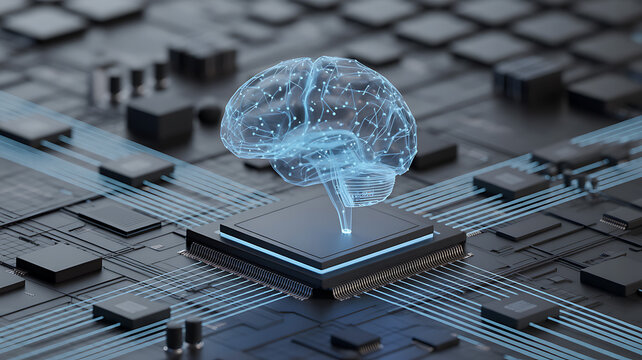 Artificial intelligence AI neural network digital brain machine deep learning processing big data analysis technology connection mining chipset on Circuit board futuristic. 3d rendering. - Powered by Adobe