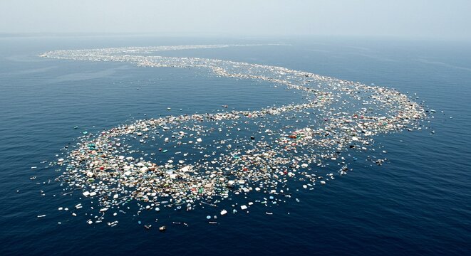 A vast swirling patch of plastic debris and garbage floating in the deep blue ocean, a stark symbol of environmental water pollution