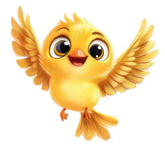 Cheerful yellow bird cartoon character isolated on transparent background, spreading its wings and looking up with a happy expression, perfect for childrens illustration