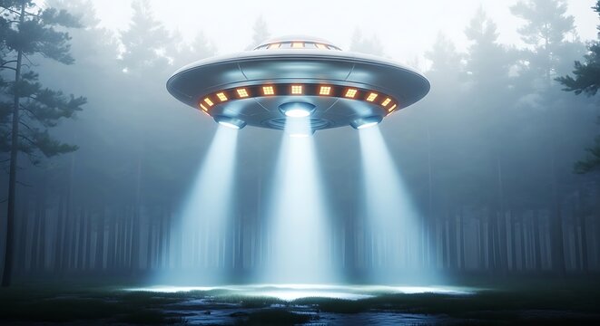Unidentified flying object hovering over a forest with bright light beams