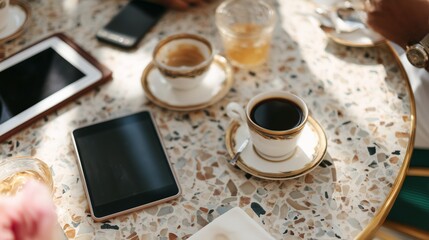 Enjoying coffee and conversation at a cafe table with devices and drinks