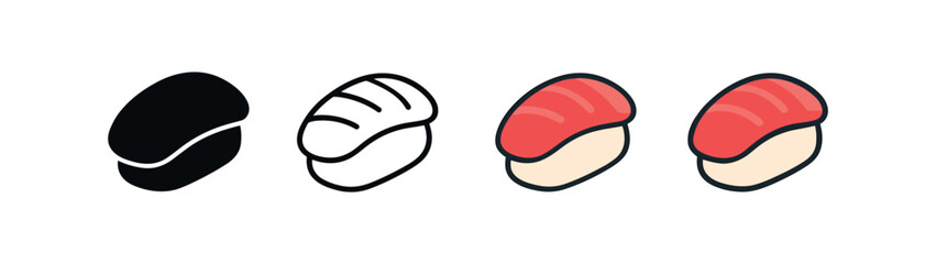 Vector icon nigiri sushi four styles black solid glyph outline minimal flat multicolor filled cartoon flat shaded.