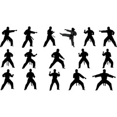 Karate practitioners in various stances, black silhouettes on white