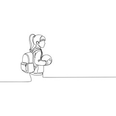 Young girl with backpack holding ball, line art on white