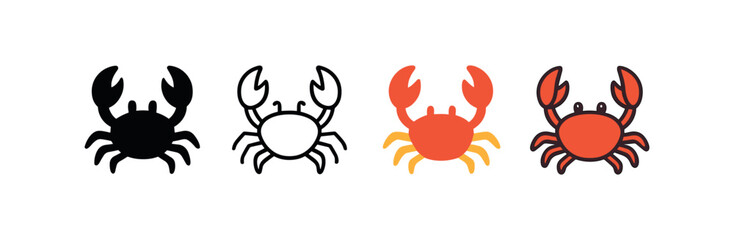 Vector icon crab four styles black solid glyph outline minimal flat multicolor filled cartoon flat shaded.