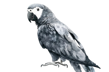 Watercolor african grey parrot isolated on transparent background, showcasing its detailed plumage and intelligent gaze, perched gracefully on a branch, a captivating avian portrait