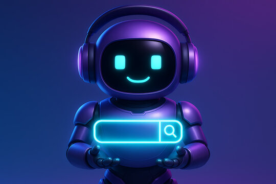 A friendly purple robot with headphones holds a glowing neon blue search bar symmetrically in its hands against a colorful blue and purple backdrop representing seamless online information retrieval - Powered by Adobe