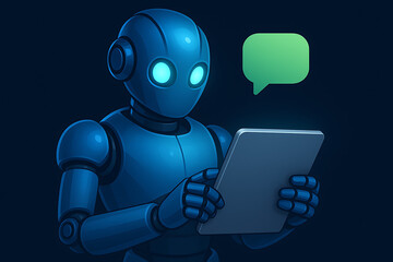 A dark blue, metallic robot with glowing blue eyes is holding and looking at a tablet with a green speech bubble floating above representing a digital conversation or smart communication