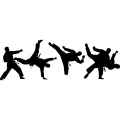 Karate practitioners performing various martial arts moves in silhouette